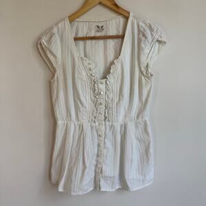 Anthropologie Edmé & Esyllte Y2K White Cotton Ruffle Blouse Cap Sleeves 4/S